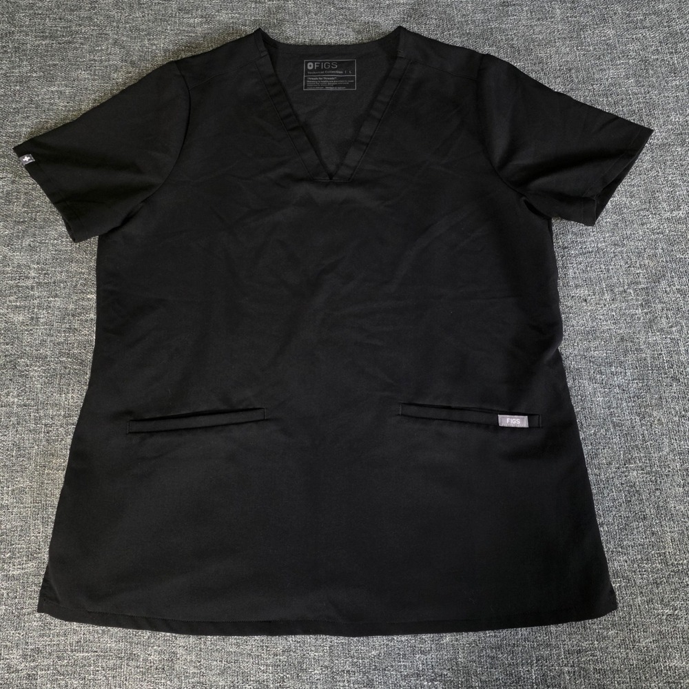 FIGS Casma Scrub Top Womens L Black Three Pocket V Neck Medical Nurse FW1100